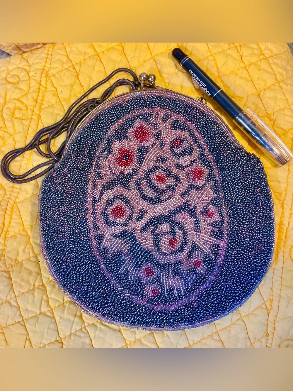 Beaded Floral Round Crossbody Bag in Navy and Pink